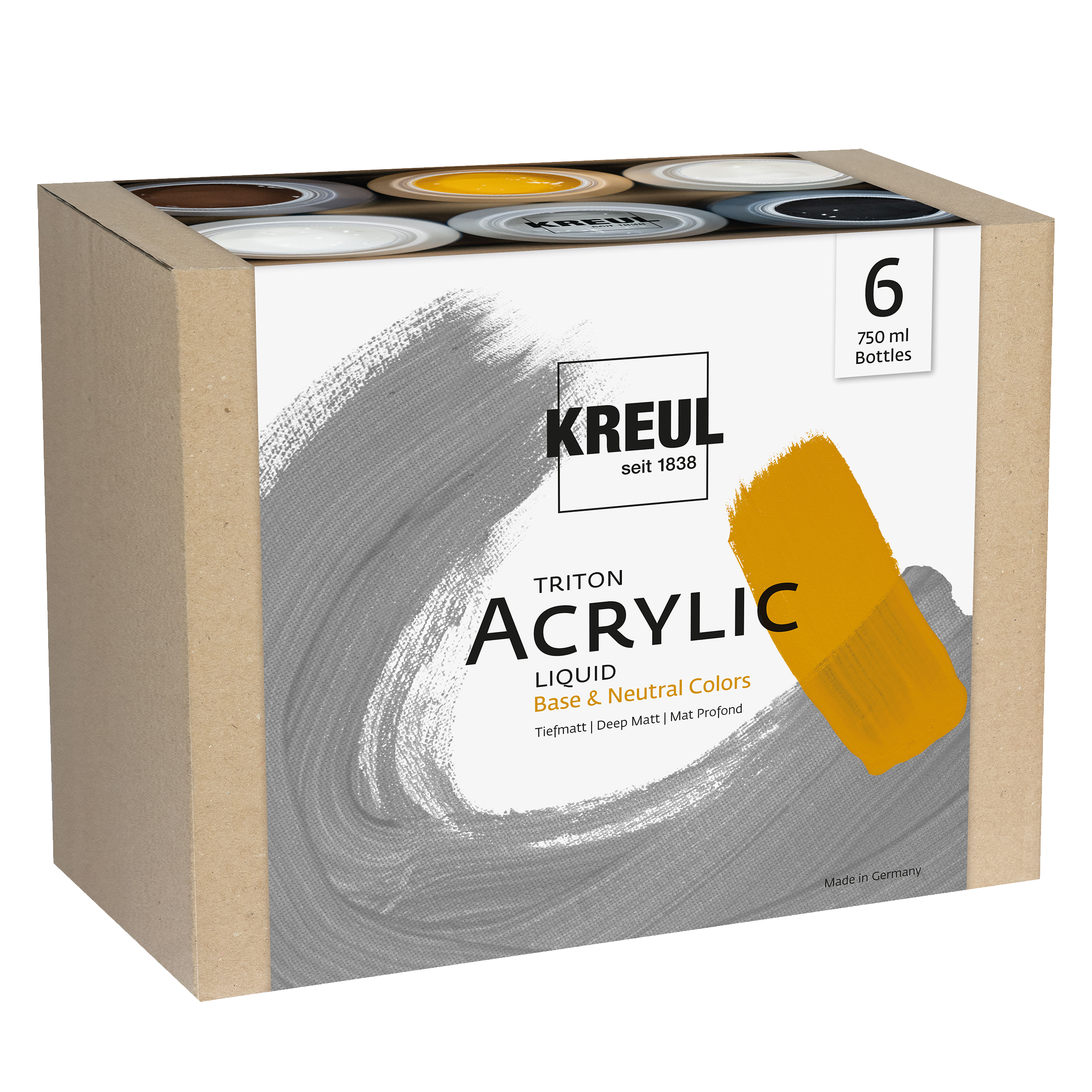 KREUL akrylové farby Triton Acrylic Liquid 6 × 750 ml - základné a neutrálne odtiene